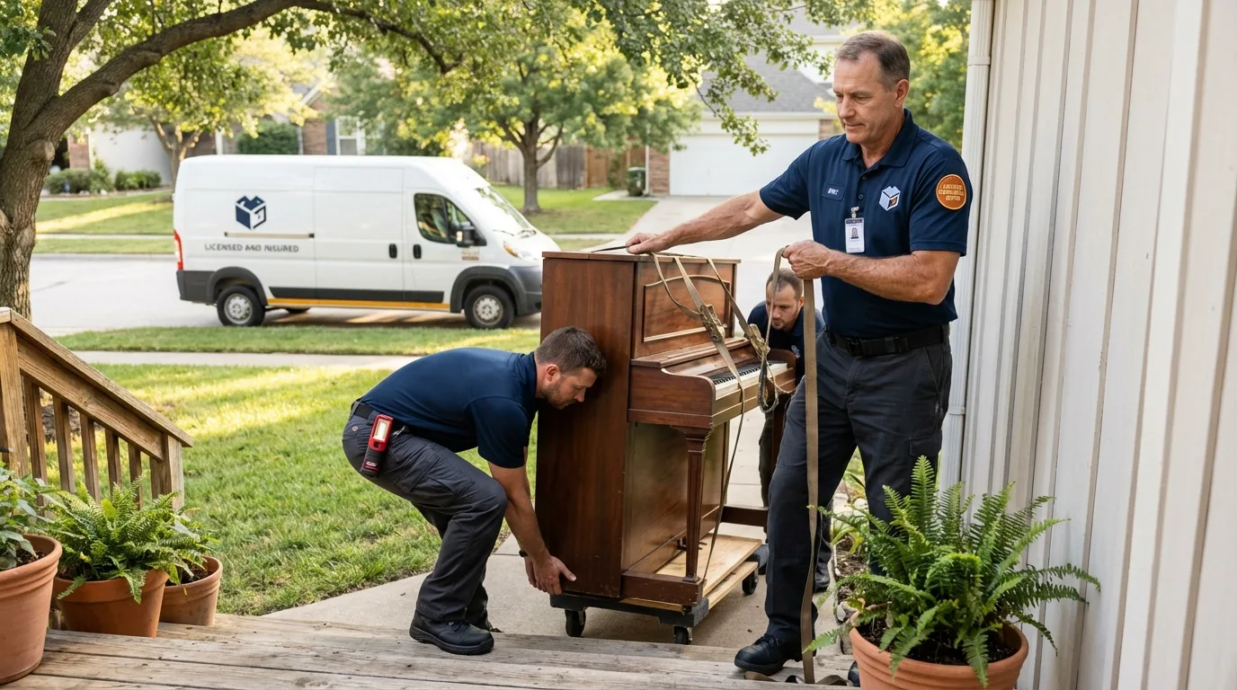 Licensed piano movers securing grand piano in Temperance, MI