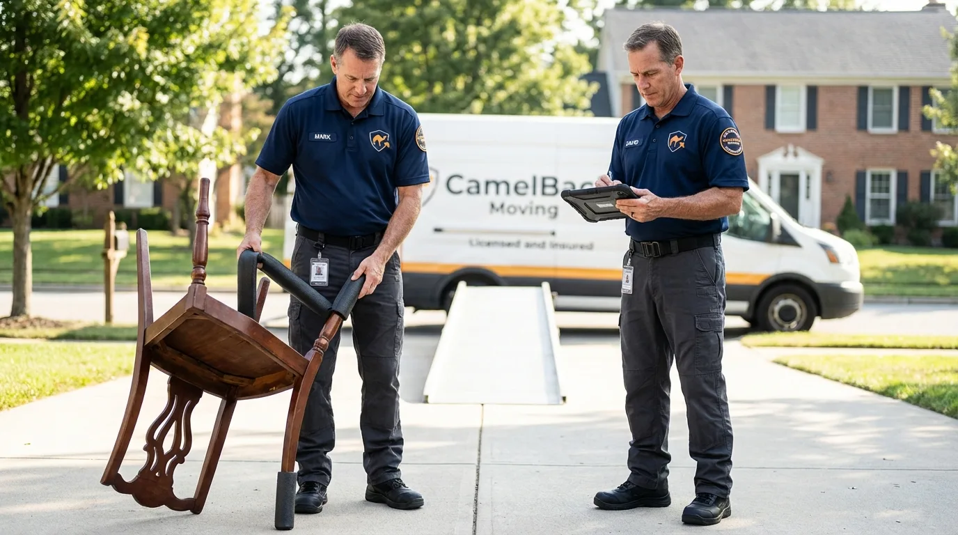 Movers inspecting furniture for damage prevention before loading in Temperance, MI
