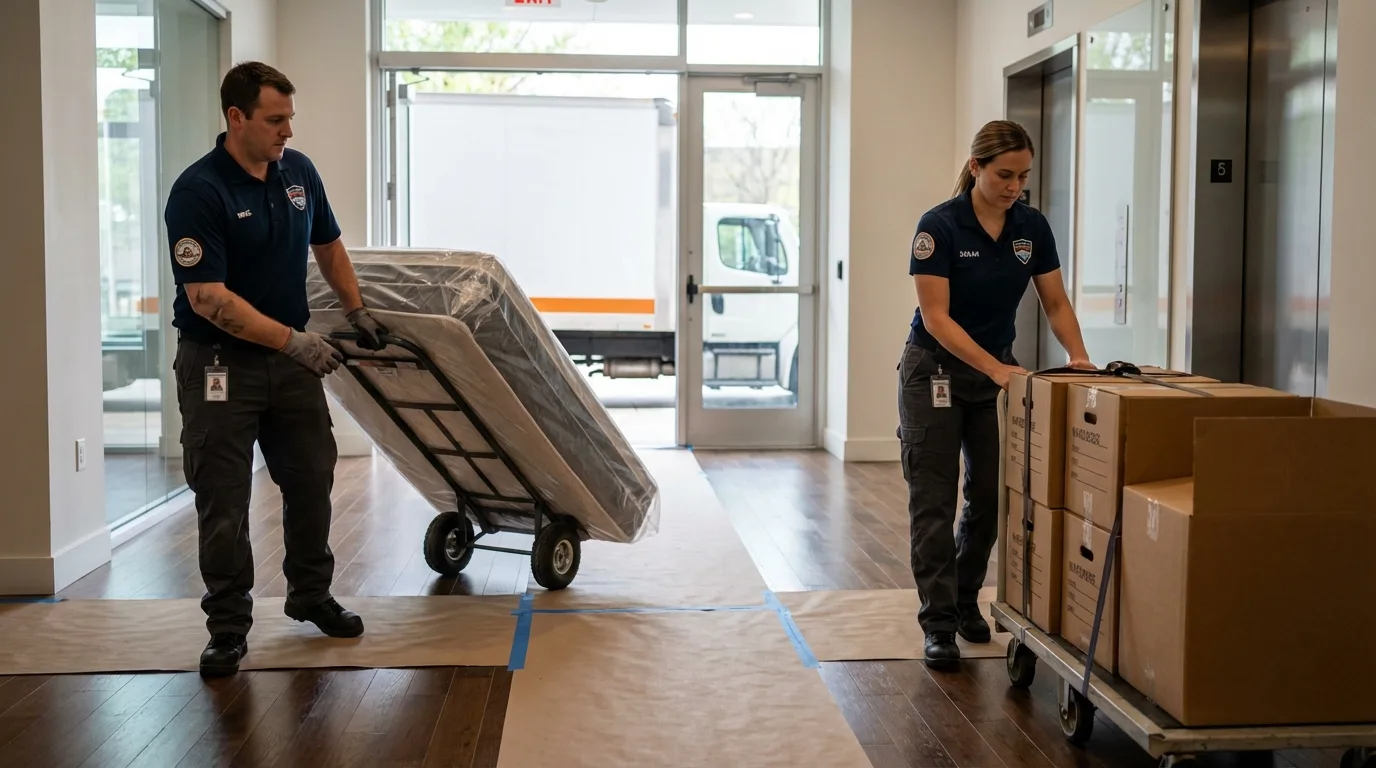 Professional apartment movers loading elevator in Temperance, MI